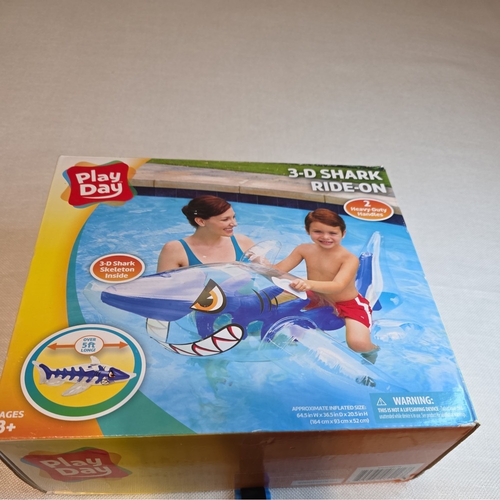 Play Day Clear Inflatable Shark Ride On Pool Rider Float NIB Blue